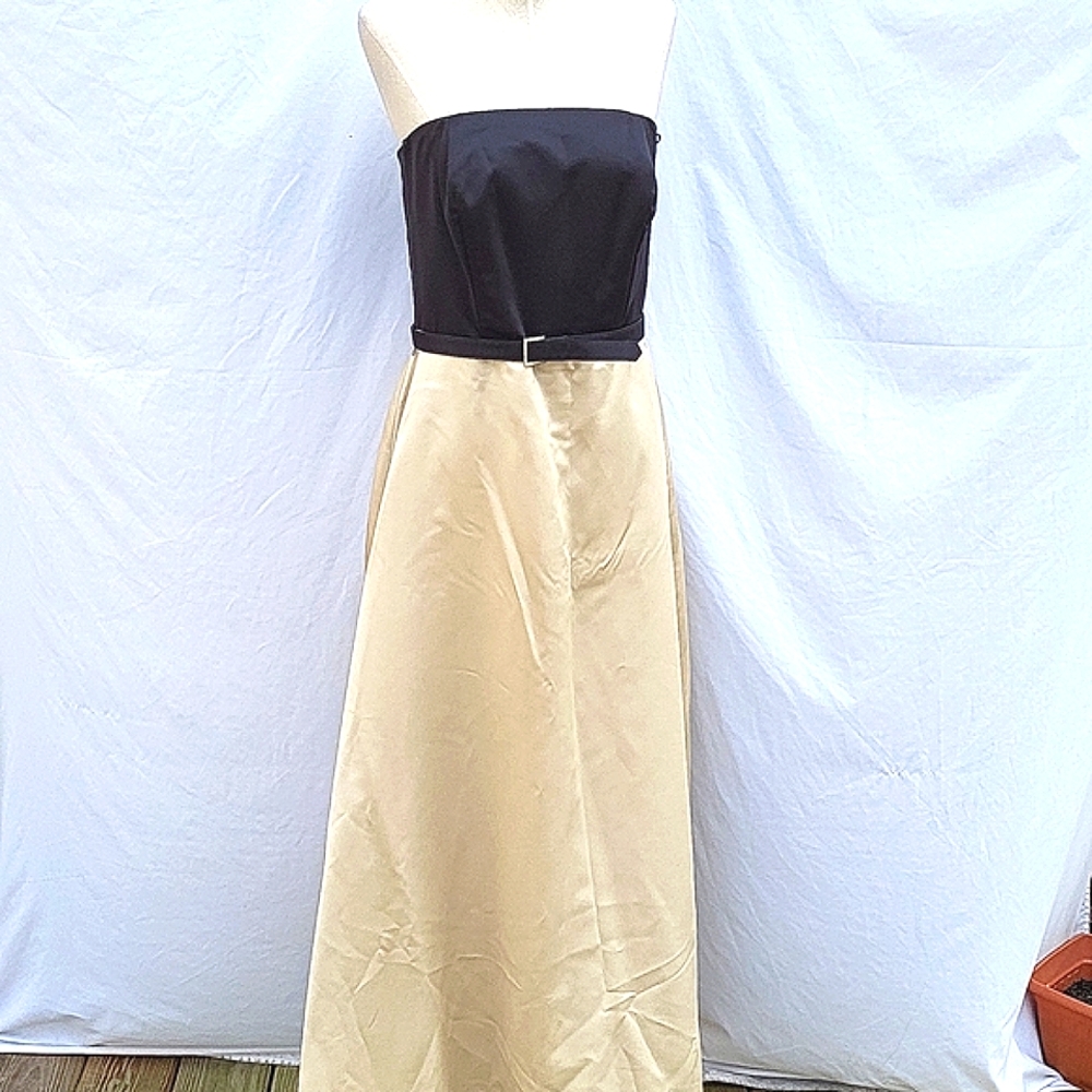 Ladies strapless evening gown, black top, gold/taupe bottom, sateen, wrap, sz 10